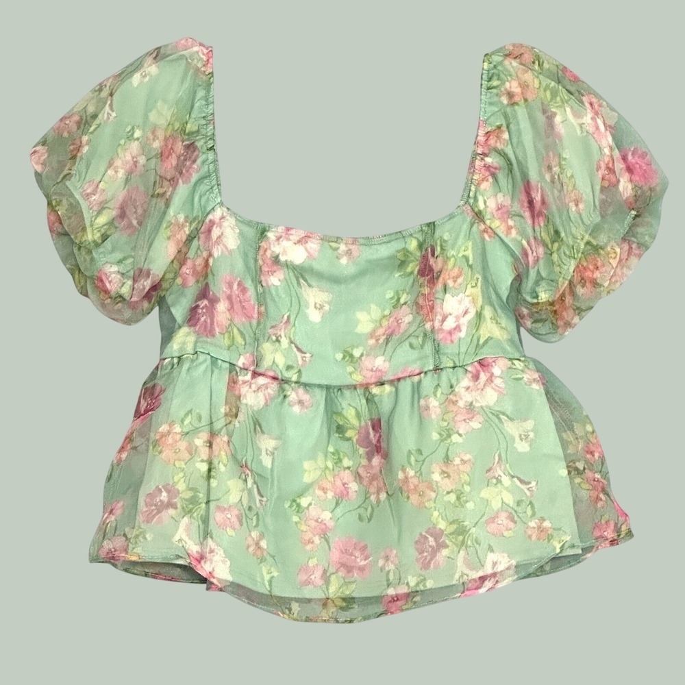Fairy Romantic Coquette Women Top M Green Floral Sheer Chiffon Feminine Ethereal